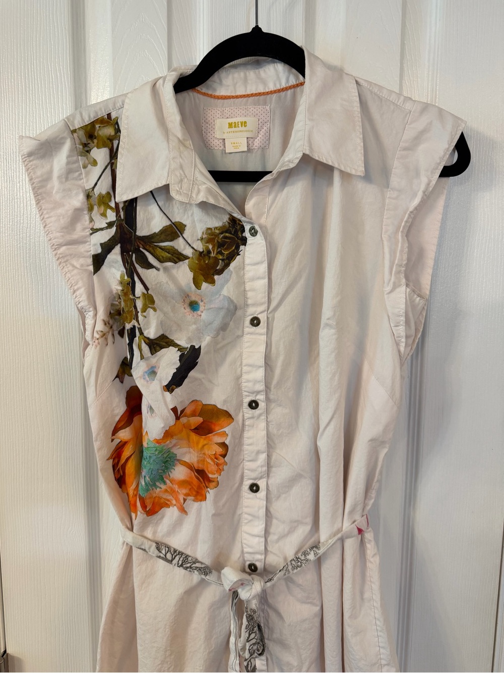 Maeve Anthropologie Floral Shirt Dress Small White Cotton Belted Midi Pockets - Picture 2 of 13